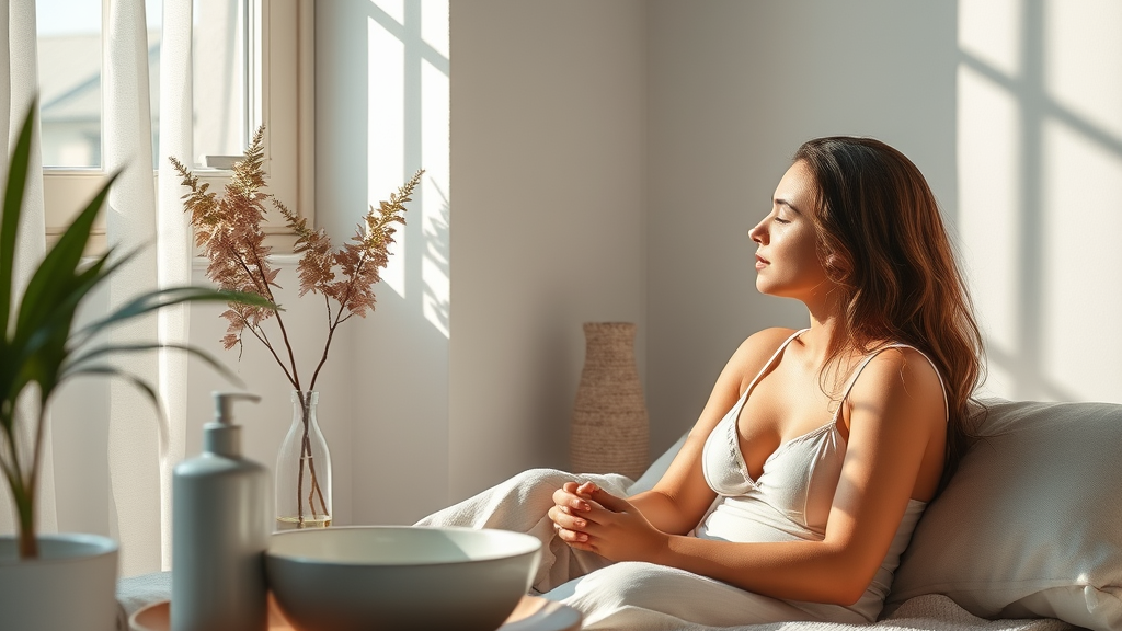 Mulher relaxando em um ambiente iluminado por luz natural, sentada em um sofá com os olhos fechados, apreciando um momento de tranquilidade. Ao fundo, há uma planta e um vaso com folhagens.